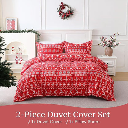 JSD Vintage Christmas Duvet Cover Set Twin Size, 2 Piece Red Snowflakes Reindeer Snowflakes Printed Microfiber Duvet Comforter Cover with Pillow Sham