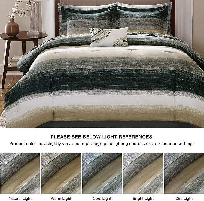 Madison Park Essentials Full Comforter Set, Bed in a Bag Full, Watercolor Print Coastal Comforter & Chambray Cotton Sheet Set, All Season Bedding Set, Saben, Taupe Full (78 in x 86 in) 9 Piece
