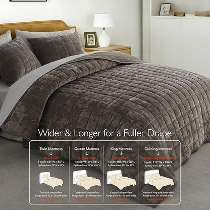 Oversized King Greek Velvet Quilt Set, 3× Softer Luxe Sheen, 100% Cotton Backing, 150GSM Down-Alternative Fill, Extra-Wide 112×106" Hotel-Style Luxury Coverage (1 Quilt + 2 Pillow Shams), Fossil