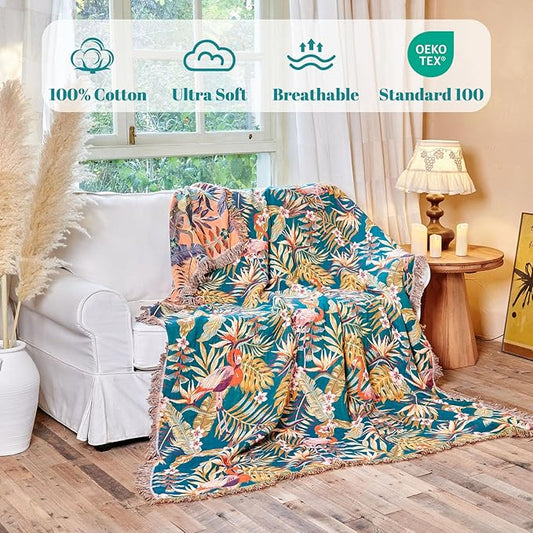 MSGKV Boho Throw Blanket for Couch 50"x60" 100% Cotton Jungle Animal Blanket Spring Breathable Lightweight Blankets for Sofa Home Decor Muslin All Seasons