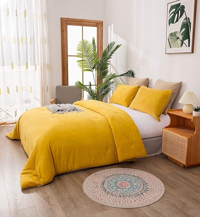 Houseri Velvet Comforter Set - Twin Girls & Boys Fluffy Bedding - Dark Yellow Sherpa & Mustard Fuzzy Flannel Plush Comforters
