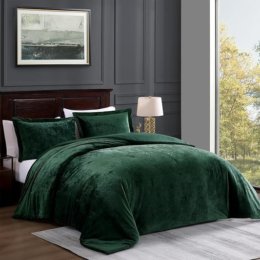 TAMGHO Crushed Velvet Comforter King Set, Dark Green Luxury Soft Velvet Bedding Set for All Seasons, 3 Pcs Bed Set, 1 Comforter (108"x96") and 2 Pillow Shams (20"x36")