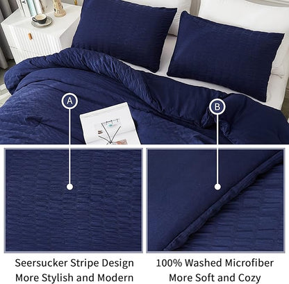 AveLom Navy Blue Seersucker Twin/Twin XL Comforter Set (68x90 inches), 2 Pieces-100% Soft Microfiber Lightweight Comforter with 1 Pillowcase, All Season Down Alternative Comforter Set for Bedding