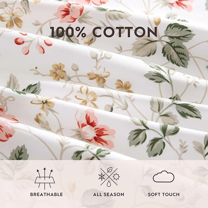 Laura Ashley - King Sheet Set, Crisp & Cool Cotton Percale Bedding with Deep Pockets, Lightweight for Year Round Comfort, Bed Sheets with Matching Pillowcases (Meadow Floral Beige)