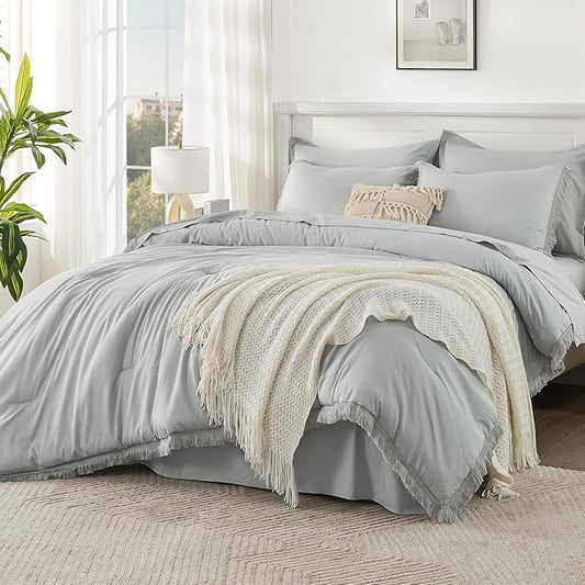 Andency Light Grey King Size Comforter Set with Sheets - 7 Pieces Boho Tassel Bed in a Bag Soft Lightweight Bedding Sets, Light Grey Fringe Bed Set with Comforter, Sheets, Pillowcases & Shams