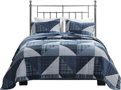 Woolrich Reversible Quilt Set - Cottage Styling Reversed to Solid Color, All Season Lightweight Coverlet, Cozy Bedding Layer, Matching Shams, Oversized King/Cal King, Olsen Geometric Blue