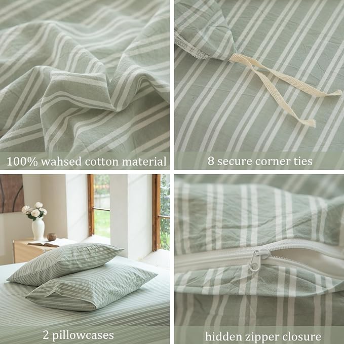 Sage Green and White Striped Duvet Cover,100% Washed Cotton Breathable and Linen Like Bedding Set(Strip-Sage Green/White,King)