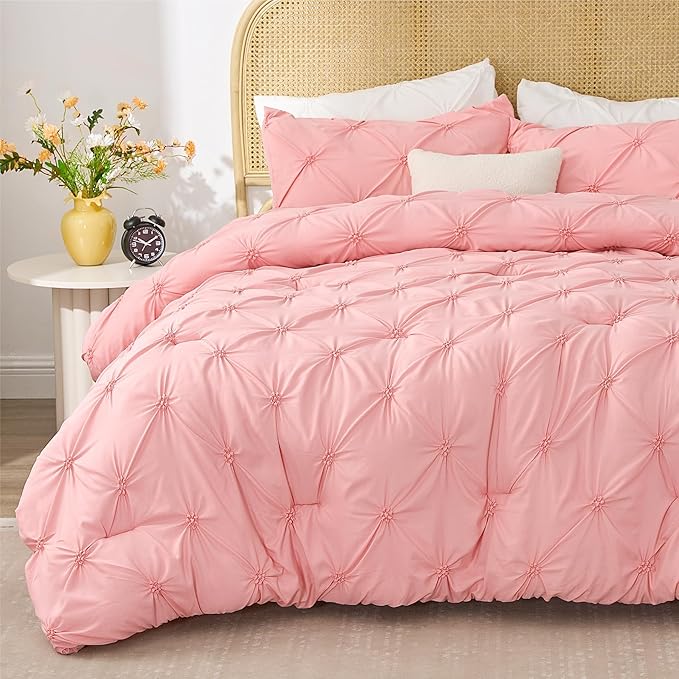 BEDELITE Pink Queen Comforter Set - 3 Pieces Boho Pintuck Bedding Comforter Sets, Lightweight Soft & Warm Bed Comforter with 2 Pillowcases for All Season,Valentines Day | mothers day gifts, Multiple color, Modern Comforter, High Quality