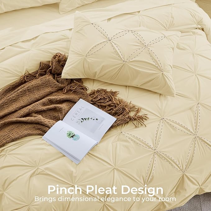 Sasttie Twin Comforter Set, 5-Piece Bed in a Bag, Pintuck Bedding Sets for All Season, Includes Comforter, Flat Sheet, Fitted Sheet, Pillowcase and Pillowsham, Pale Yellow