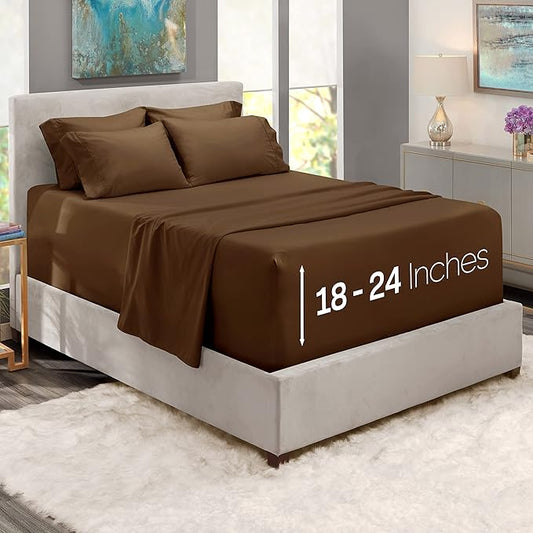 Hearth & Harbor Extra Deep Pocket Queen Sheets Sets - Fits Mattress 18-24 Inches Deep - Extra Deep Pocket Sheets - 6 Piece Queen Size - Brown