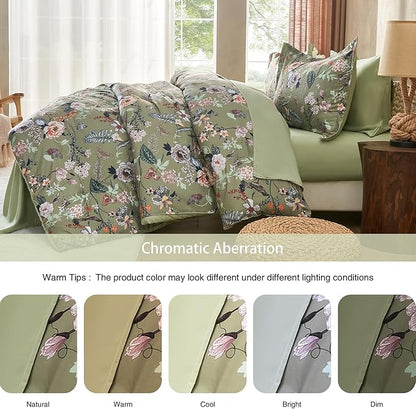 7 Piece King Comforter Set, Sage Green Butterfly Floral Comforter Set with Flowers Leaves Pattern, Soft Microfiber Complete Bedding Set for All Season(Sage Green, King)