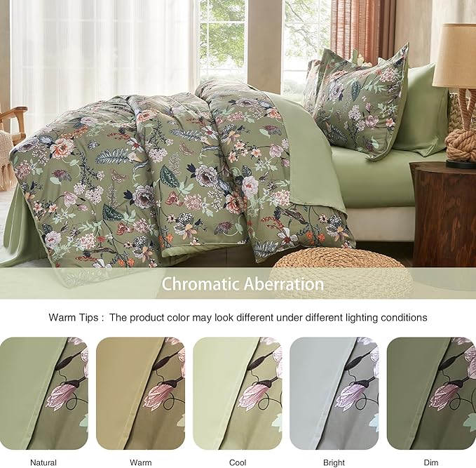 7 Piece Queen Comforter Set, Sage Green Butterfly Floral Comforter Set with Flowers Leaves Pattern, Soft Microfiber Complete Bedding Set for All Season(Sage Green, Queen)