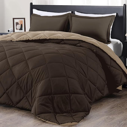 downluxe Queen Comforter Set - Brown and Tan Queen Comforter, Soft Bedding Sets for All Seasons -3 Pieces - 1 Comforter (88"x92") and 2 Pillow Shams(20"x26")