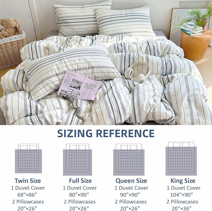 EAVD Vintage Blue Grey and White Striped Duvet Cover Queen Soft 100% Cotton Chic Stripes Bedding Set with 2 Pillowcases Retro Geometric Duvet Cover with Zipper Closure Corner Ties
