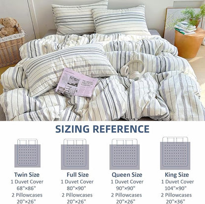 EAVD Vintage Blue Grey and White Striped Duvet Cover Queen Soft 100% Cotton Chic Stripes Bedding Set with 2 Pillowcases Retro Geometric Duvet Cover with Zipper Closure Corner Ties