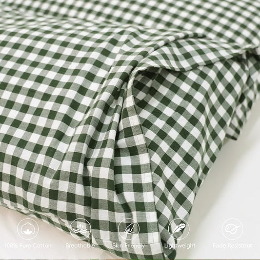 MooMee Bedding Pillowcases Gingham Pack of 2 100% Washed Cotton Linen Like Textured Breathable Durable Soft Comfy (Classic Gingham Forest Green, Queen)