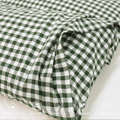 MooMee Bedding Pillowcases Gingham Pack of 2 100% Washed Cotton Linen Like Textured Breathable Durable Soft Comfy (Classic Gingham Forest Green, Standard)