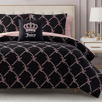 Juicy Couture Black Link Logo Printed Comforter Set, King – Complete 8-Piece Bed in a Bag Collection