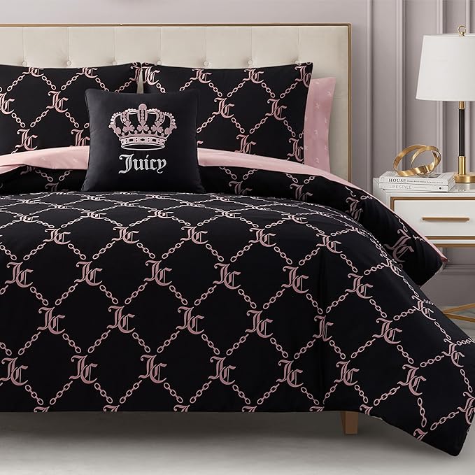 Juicy Couture Black Link Logo Printed Comforter Set, Full – Complete 8-Piece Bed in a Bag Collection