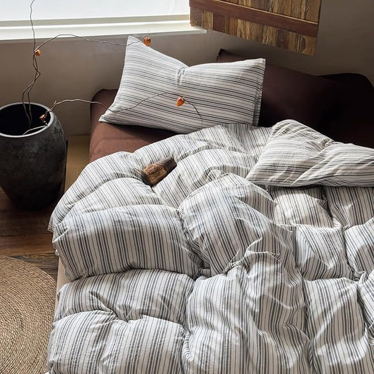 VM VOUGEMARKET Washed Cotton Duvet Cover King – Minimalist Neutral Tone, White Black Stripes,Breathable Lightweight Bedding Set for Contemporary Homes
