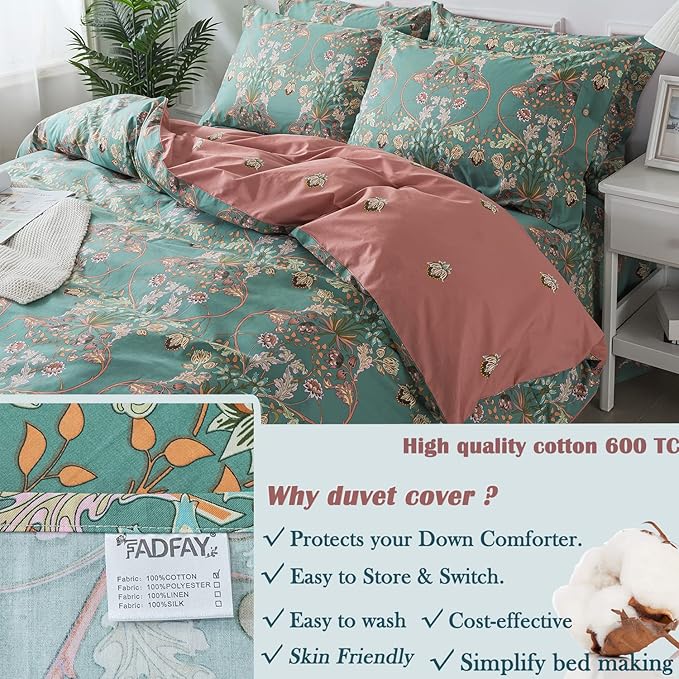 FADFAY Floral Duvet Cover Queen Button Closure 100% Cotton 600 TC Teal Turquoise Blue Luxury Boho Bedding Chic Reversible Orange Comforter Cover Super Soft Shabby Vintage Flower Print 3 Pcs