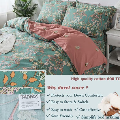 FADFAY Duvet Cover Set Button Closure Floral Bedding King/Cal King 100% Cotton 600 TC Shabby Vintage Blue Orange Reversible Luxury Boho Comforter Cover Soft Breathable 3Pcs