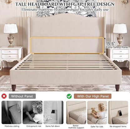 koorlian King Size Bed Frame Upholstered Platform Bed with 51" Tall Headboard Wingback, Soft Fabric, Retro Simple Style Platform Bed No Box Spring Needed, Easy Assembly, Beige