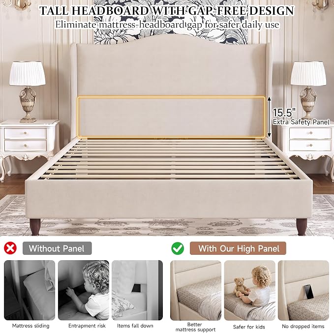 koorlian Queen Size Bed Frame Upholstered Platform Bed with 51" Tall Headboard Wingback, Soft Fabric, Retro Simple Style Platform Bed No Box Spring Needed, Easy Assembly, Beige