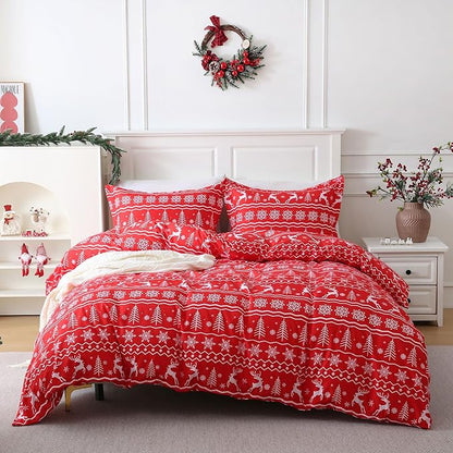 JSD Red Christmas Duvet Cover Set Queen Size, 3 Piece Snowflakes Reindeer Snowflakes Printed Microfiber Comforter Cover with Pillow Sham
