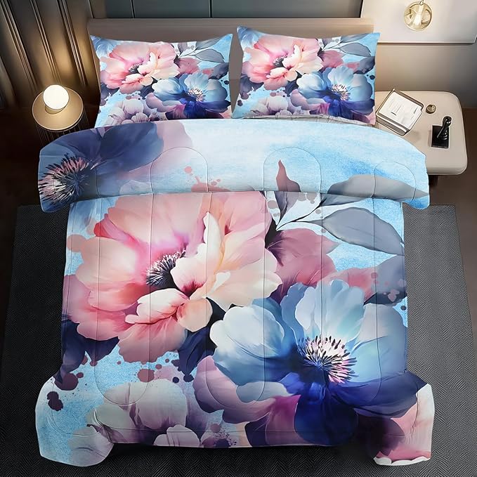 Pink Floral Comforter Set Queen Size Girls Blue Flower Comforter Comen Western Boho Bedding Set Queen Blue Floral Bedding Boho Bedroom Decor Teen Girls