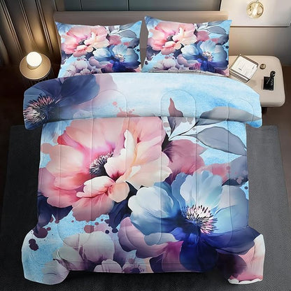 Pink Floral Comforter Set Full Size Girls Blue Flower Comforter Comen Western Boho Bedding Set Full Blue Floral Bedding Boho Bedroom Decor Teen Girls