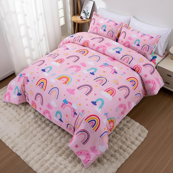 Btargot Lightweight Soft 3 Piece Rainbow Comforter Set with 2 Pillow Covers, Cartoon Love Hearts Suns and Stars Bedding Set for Girls Boys Kids, Full Light Pink