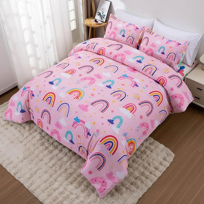 Btargot Lightweight Soft 3 Piece Rainbow Comforter Set with 2 Pillow Covers, Cartoon Love Hearts Suns and Stars Bedding Set for Girls Boys Kids, Full Light Pink