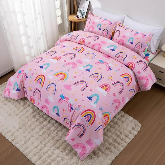 Btargot Lightweight Soft 3 Piece Rainbow Comforter Set with 2 Pillow Covers, Cartoon Love Hearts Suns and Stars Bedding Set for Girls Boys Kids, Queen Light Pink