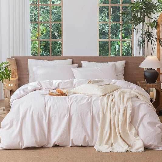 MooMee Striped Duvet Cover Set 100% Washed Cotton Linen Like Textured Breathable Durable Soft Comfy (Heathered Greyish Pink Pinstripes, Twin 68"x90")