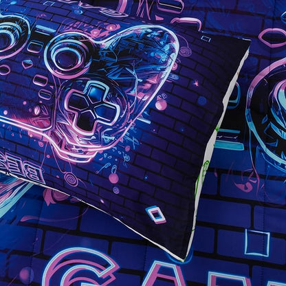 A Nice Night 5Pcs Gaming Comforter Set,Blue Purple 3D Game Contoller Themed Printing Bedding Sets for Kids Teen Boys, Reversible Comforter for All Seasons,Twin