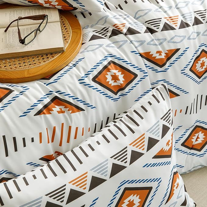 Houseri Orange and Brown Boho Comforter Set Queen Geometric Mocha Blue Diamonds Artistic Bedding Sets Queen Size Women Men Earth Tone Bohemian Triangle Farmhouse Retro Fashion Bed Quilt Blankets Queen