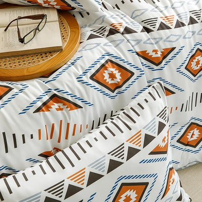 Houseri Orange and Brown Boho Comforter Set Queen Geometric Mocha Blue Diamonds Artistic Bedding Sets Queen Size Women Men Earth Tone Bohemian Triangle Farmhouse Retro Fashion Bed Quilt Blankets Queen