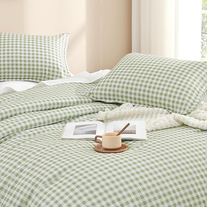 Andency Sage Gingham Comforter Set Full(79x90Inch), Green Checkered Grid Plaid Buffalo Bed Set for Girls Boys Kids Teens, 3 Pieces Lightweight Polyester Geometric Preppy Bedding