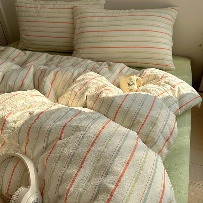 EAVD Vintage Colorful Striped Comforter Set Twin XL Soft Cotton 3-Piece Retro Vertical Striped Bedding Set with 2 Pillowcases Boho Geometric Comforter Set for All-Season(Orange&Yellow&Green, Twin XL)