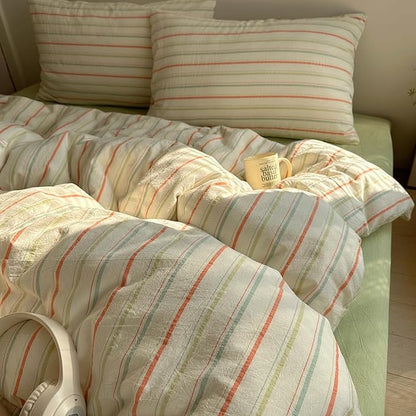 EAVD Vintage Colorful Striped Comforter Set Twin XL Soft Cotton 3-Piece Retro Vertical Striped Bedding Set with 2 Pillowcases Boho Geometric Comforter Set for All-Season(Orange&Yellow&Green, Twin XL)