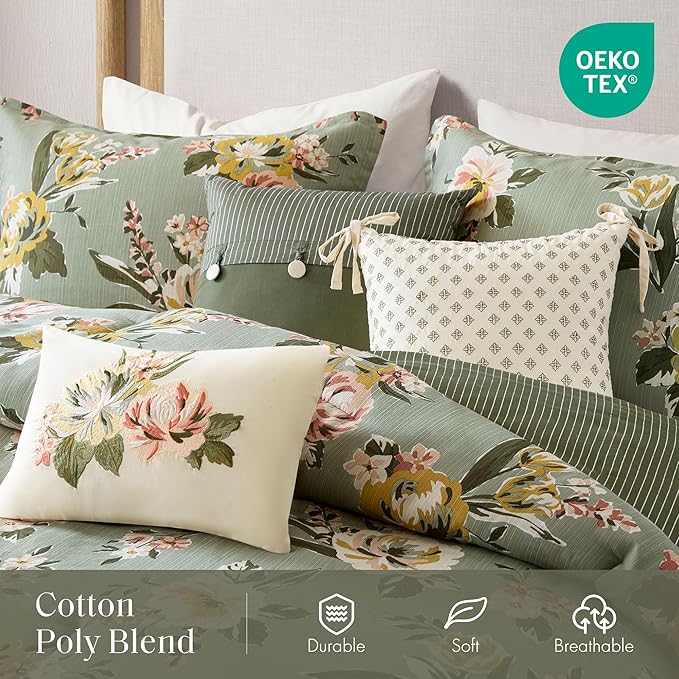 Madison Park Vintage Floral Reversible Comforters King Size Bed, All Season, Down Alternative Bedding Comforter, Bedskirt, Pillows, Shams, Salara, Queen Green 7 Piece | Reversible