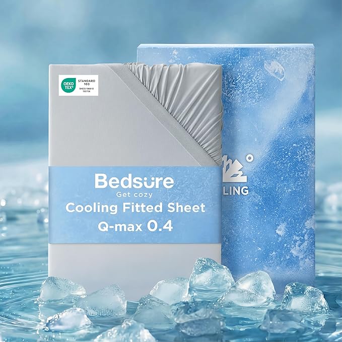 Bedsure Cooling Fitted Sheet King Size for Hot Sleeper, King Fitted Sheet Only with 360° Elastic Band, Q-Max 0.4, Temperature Regulation Bedding for Night Sweats, 16" Deep (up to 18"), Grey