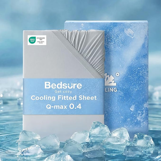 Bedsure Cooling Fitted Sheet Queen Size for Hot Sleeper, Queen Fitted Sheet Only with 360° Elastic Band, Q-Max 0.4, Temperature Regulation Bedding for Night Sweats, 16" Deep (up to 18"), Grey