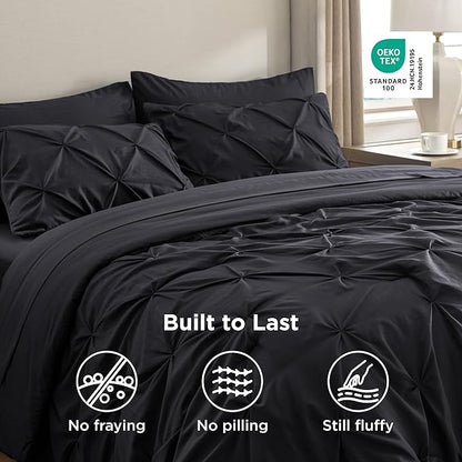 Bedsure Full Comforter Set Black - Bed in a Bag Full Size Bedding Set 7 Pieces, GentleSoft™ Pintuck Bed Set Gift for Family, Pinch Pleat All Season Comforter with Sheets, Pillowcases & Shams