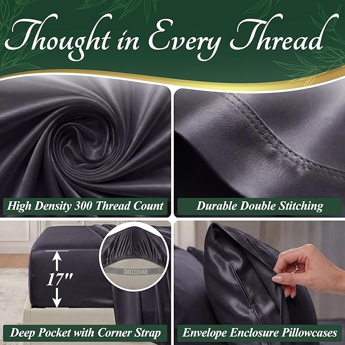 DECOLURE 100% Viscose Derived from Bamboo Sheets King Size - Luxury 6 Pc Naturally Cooling Sheets, Ultra Soft Bed Set - Deep 17" Pockets, Durable Double Stitching, Oeko Tex Standard (Charcoal)