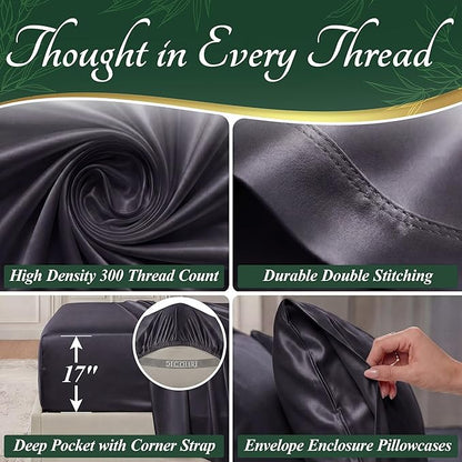 DECOLURE 100% Viscose Derived from Bamboo Sheets Queen Size - Luxury 6 Pc Naturally Cooling Sheets, Ultra Soft Bed Set - Deep 17" Pockets, Durable Double Stitching, Oeko Tex Standard (Charcoal)