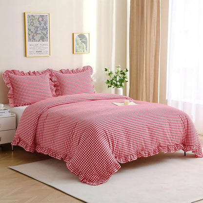 Red/White Checkered Ruffle 3-Piece Duvet Cover Set Queen Size,Washed Cotton Shabby Gingham Plaid Bedding Set Farmhouse Comforter Set(Queen,Red)