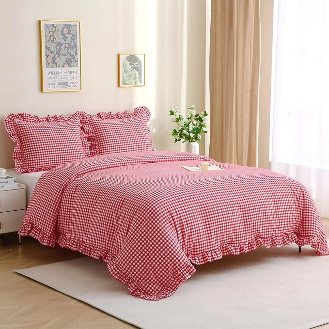 Red/White Checkered Ruffle 3-Piece Duvet Cover Set King Size,Washed Cotton Shabby Gingham Plaid Bedding Set Farmhouse Comforter Set(King,Red)