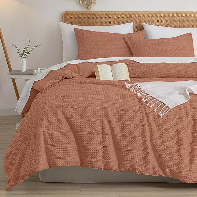 PHF Soft Waffle Comforter Set King Size- Comfy Breathable Waffle Weave Comforter with 2 Pillow Shams, 3 Pieces Less Snagging Lightweight Textured Bedding Set for All Season, Terra Cotta